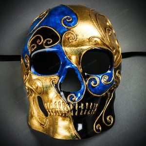 Venetian Full Face Skull Halloween Mask Blue Gold Halloween Day of The Dead Mask
